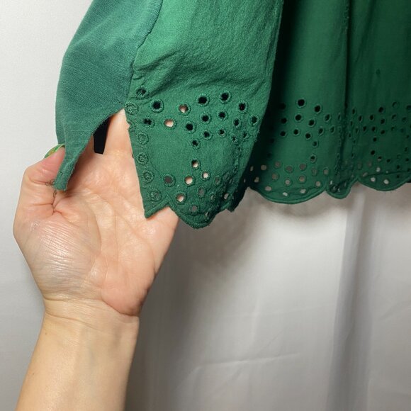 LC Lauren Conrad Peasant Blouse Womens L Drk Green Embroidery Flutter Sleeve EUC - Picture 3 of 12